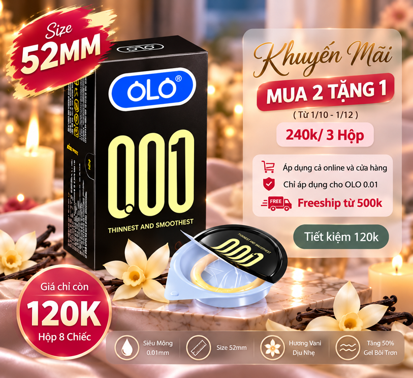 Bao Cao Su OLO 0.01 Size 52mm Siêu Mỏng, Hương vani Hộp 8 Chiếc