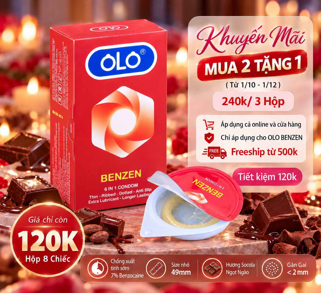Bao Cao Su OLO Benzen 6 In 1 Gân Gai Nhỏ Size 49mm, Chống Xuất Tinh Sớm Hộp 8 Chiếc