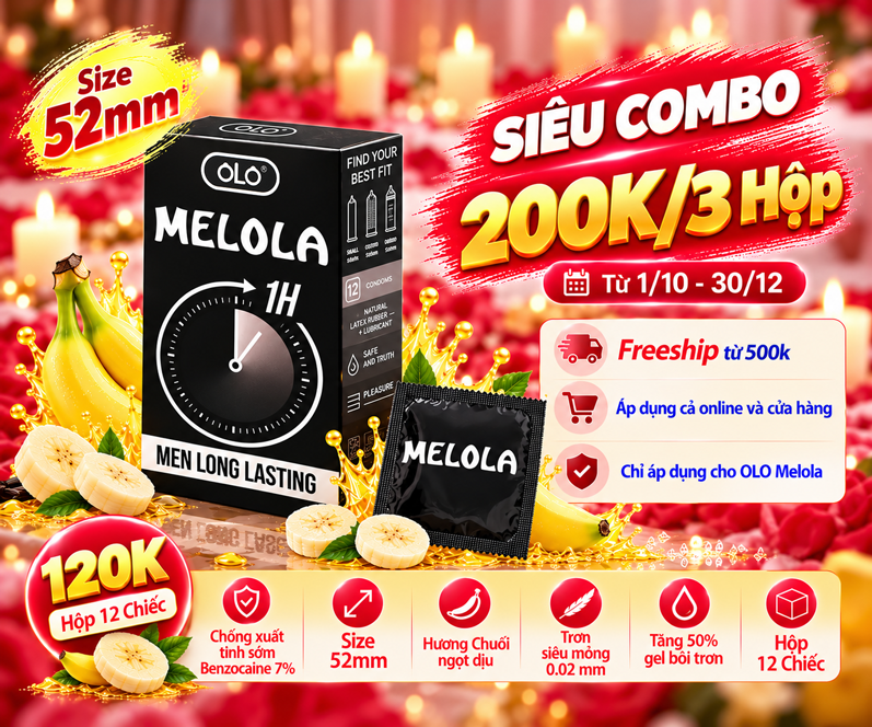 Bao Cao Su OLO Melola Mã M52TBa Size 52mm,Trơn Siêu Mỏng, Chống Xuất Tinh Sớm, hương Chuối Hộp 12 Chiếc