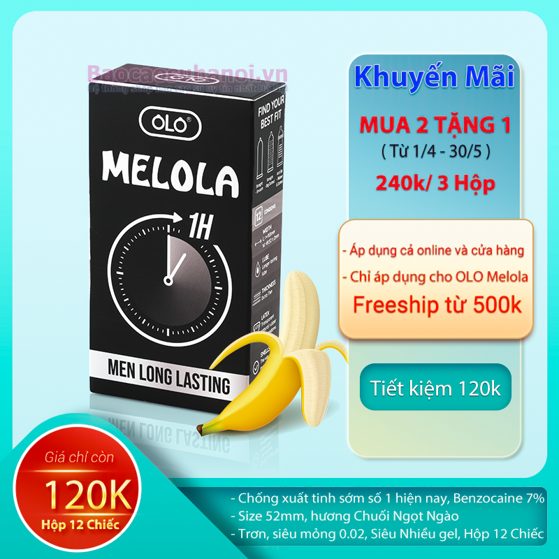 Bao Cao Su OLO Melola Mã M52TBa Size 52mm,Trơn Siêu Mỏng, Chống Xuất Tinh Sớm, hương Chuối Hộp 12 Chiếc