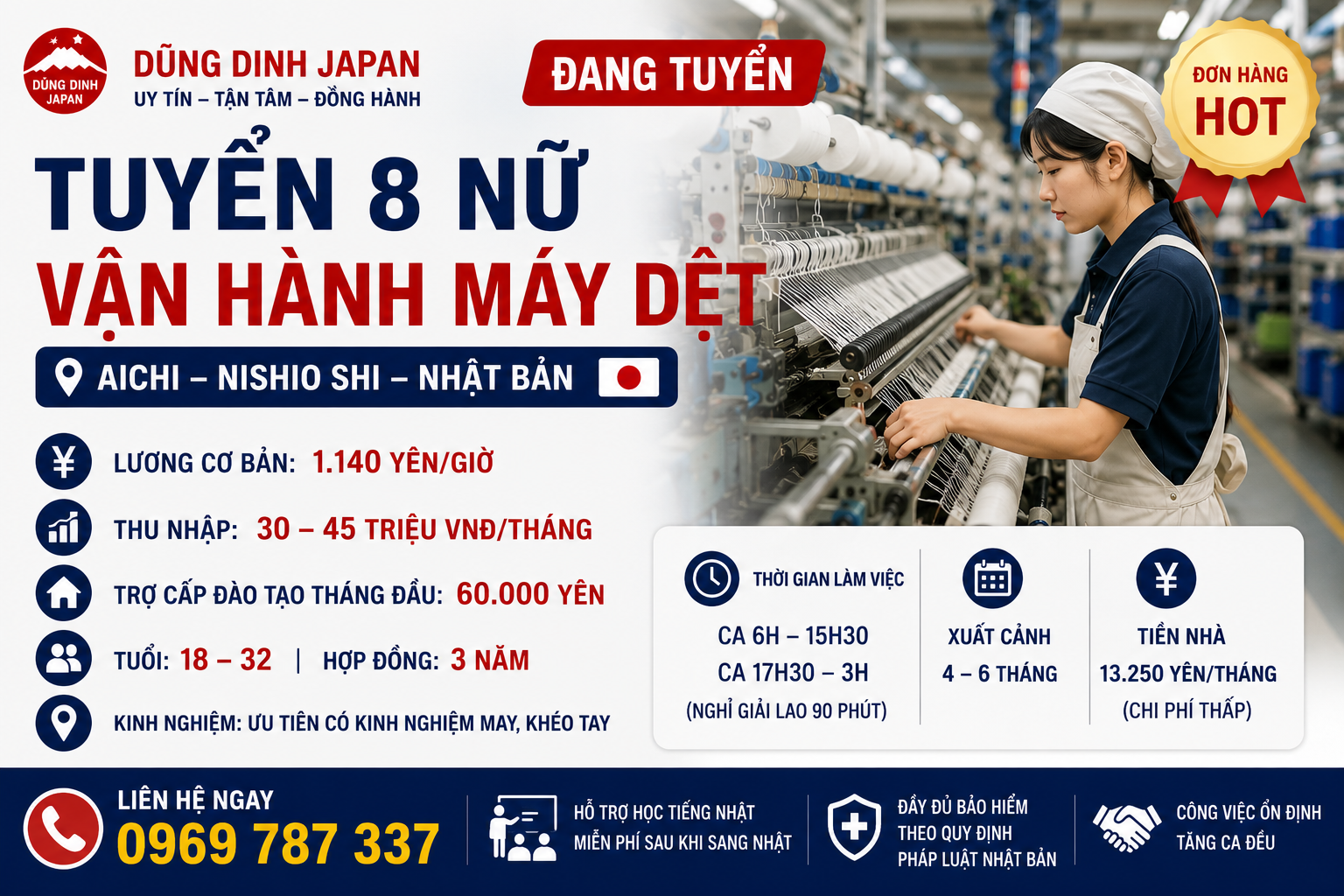 TUYỂN 8 NỮ VẬN HÀNH MÁY DỆT – AICHI, NHẬT BẢN