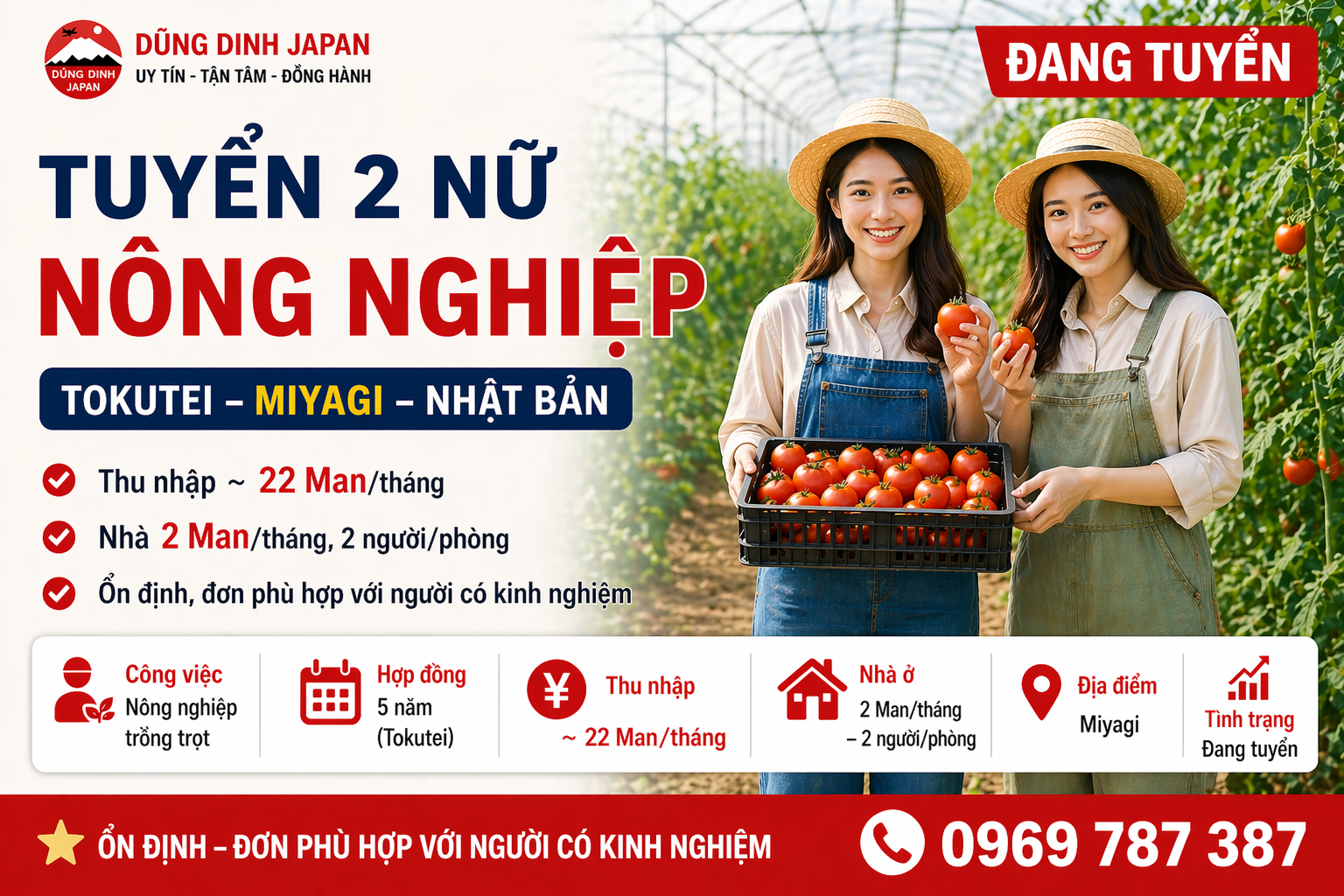 TUYỂN 2 NỮ ĐƠN HÀNG NÔNG NGHIỆP - TOKUTEI – MIYAGI