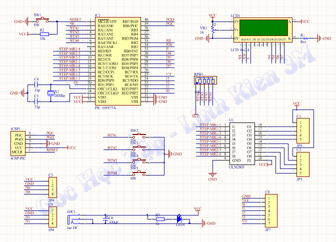 nguyên lí mạch Băng truyền dùng động cơ Step + Pic 16F877A hiển thị LCD1602 