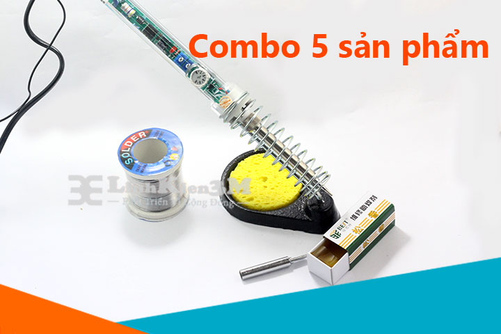 Combo Mỏ Hàn 907 220V-60W và 5 Món Phụ Kiện ( Mũi Hàn Dao, Kệ Hàn, Bọt Biển, Thiếc OK, Nhựa Thông )