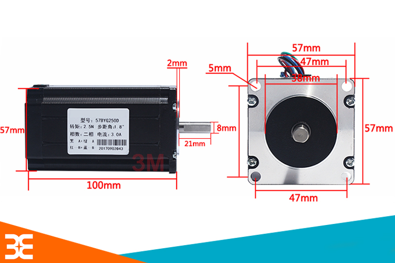 Kích thước các bộ phận của động Cơ Bước 57BYG250D 1.8