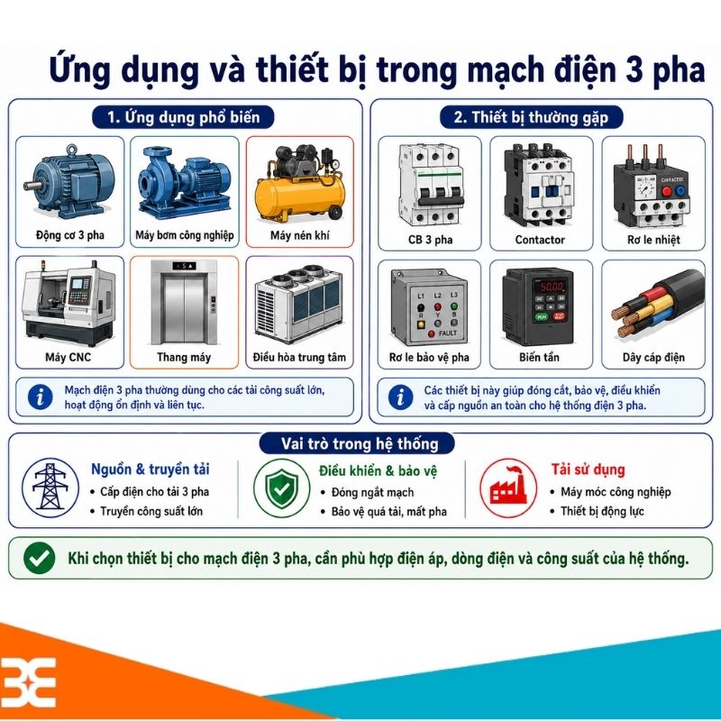 Ứng dụng và thiết bị trong mạch điện 3 pha