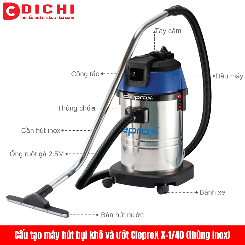 Máy hút bụi khô và ướt CleproX X-1/40 (thùng inox)