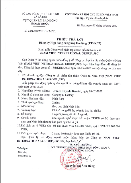 Tuyển dụng lao động 01 nữ (thực tập sinh kỹ năng)