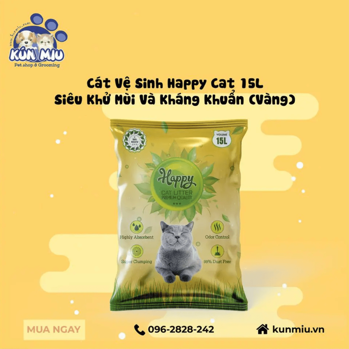 Cát vệ sinh Happy Cat 15L siêu khử mùi và kháng khuẩn (Vàng)