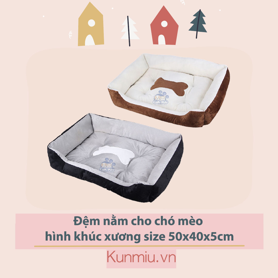Đệm nằm cho chó mèo hình khúc xương size 50x40x5cm