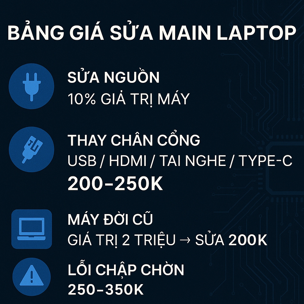 Bảng giá sửa chữa main laptop mới nhất – Sửa nguồn, cổng USB, HDMI
