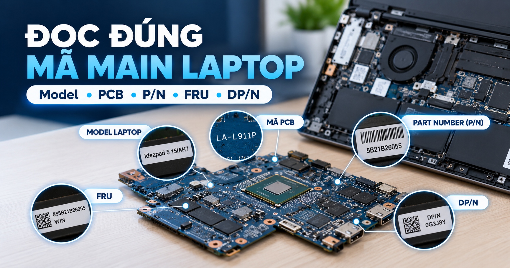 Model laptop, mã PCB, Part Number, FRU, DP/N khác gì?