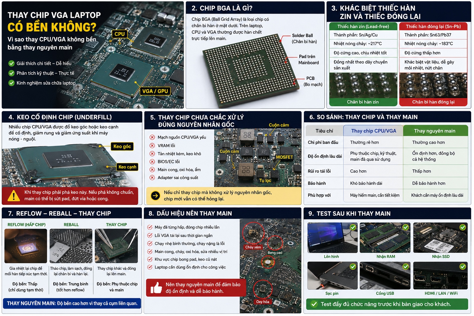 Thay chip Laptop có bền không? Vì sao thay CPU/VGA không bền bằng thay main