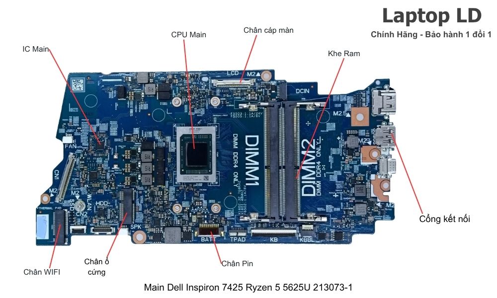 Main laptop Dell Inspiron 7425 CPU Ryzen 5 5625U mã 213073-1 chính hãng, bảo hành 1 đổi 1
