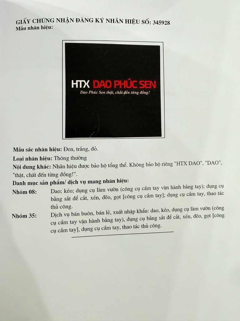 Thương hiệu rèn dao trứ danh đã được bảo hộ nhãn hiệu