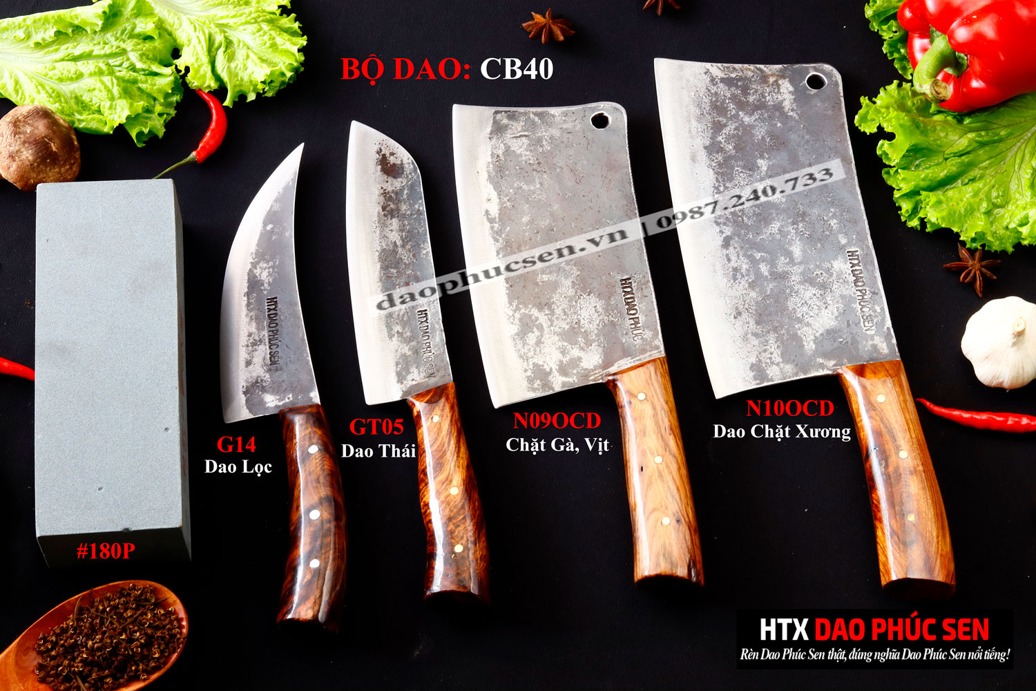 BỘ DAO BẾP CB40 thép nhíp xe cán gỗ cẩm / HTX DAO PHÚC SEN