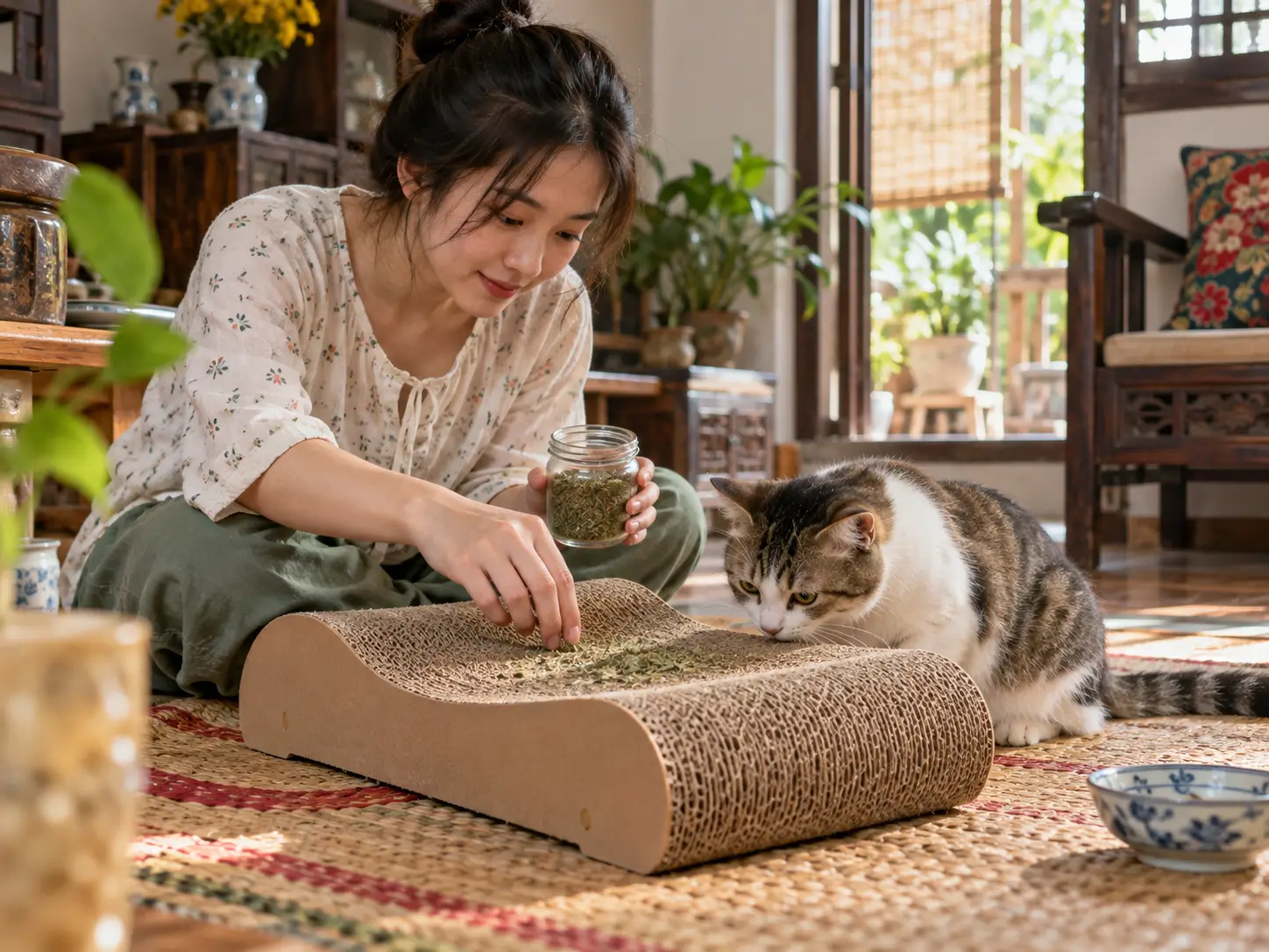 Sử dụng một ít bột catnip và cào nhẹ mẫu giúp kích thích tò mò, hướng dẫn mèo cào móng đúng nơi quy định.