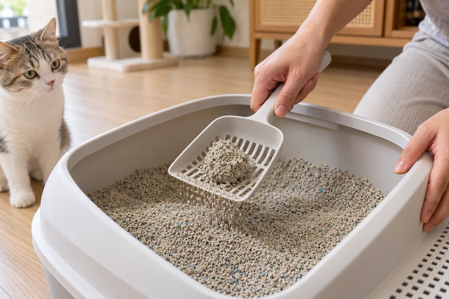 Xúc bỏ phần cát vón bẩn mỗi ngày giúp phần cát sạch còn lại duy trì trạng thái tốt lâu hơn.