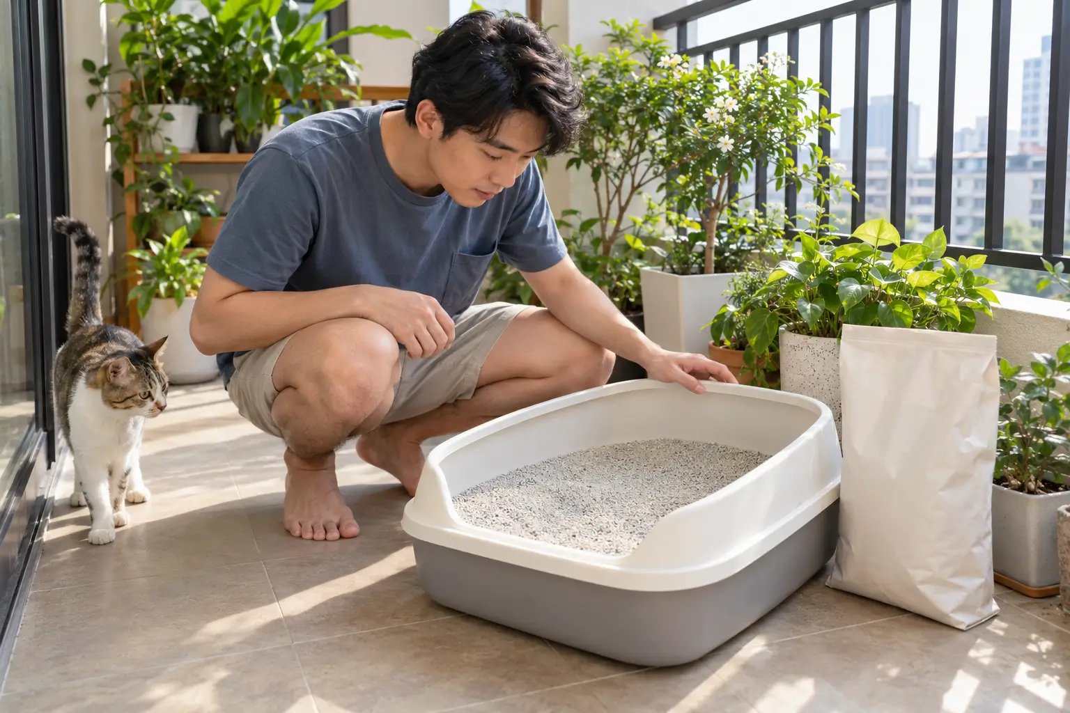 Tần suất thay toàn bộ cát tùy thuộc vào loại cát, số lượng mèo và tình trạng sử dụng thực tế của khay.