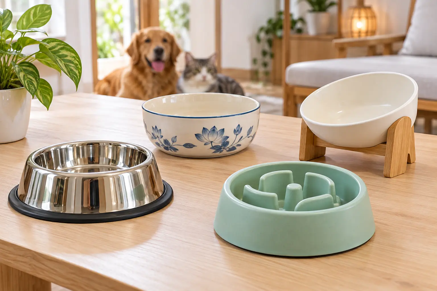 Sự đa dạng về chất liệu và kiểu dáng của các loại bát ăn chó mèo trên thị trường.