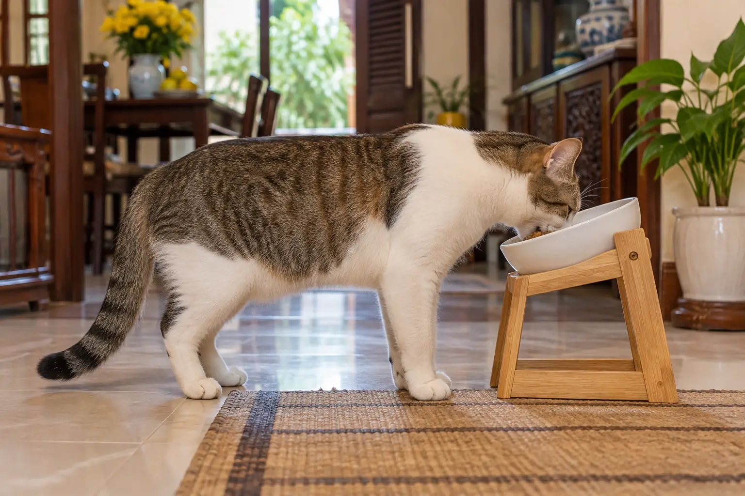 Bát ăn có độ cao và góc nghiêng phù hợp giúp giảm áp lực lên cột sống cổ của thú cưng