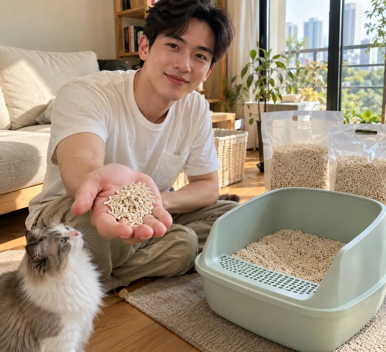 Cát đậu nành dạng hạt dài không bám bụi vào tay là giải pháp an toàn hàng đầu cho các bé mèo.