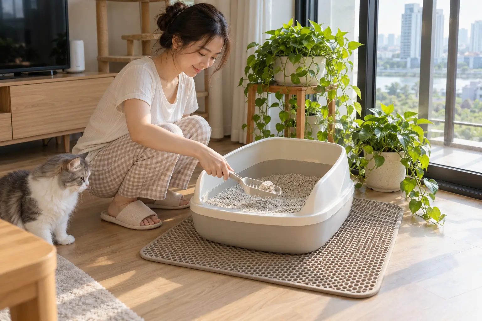 Cách dọn khay cát cho mèo hạn chế phát tán bụi trong nhà.