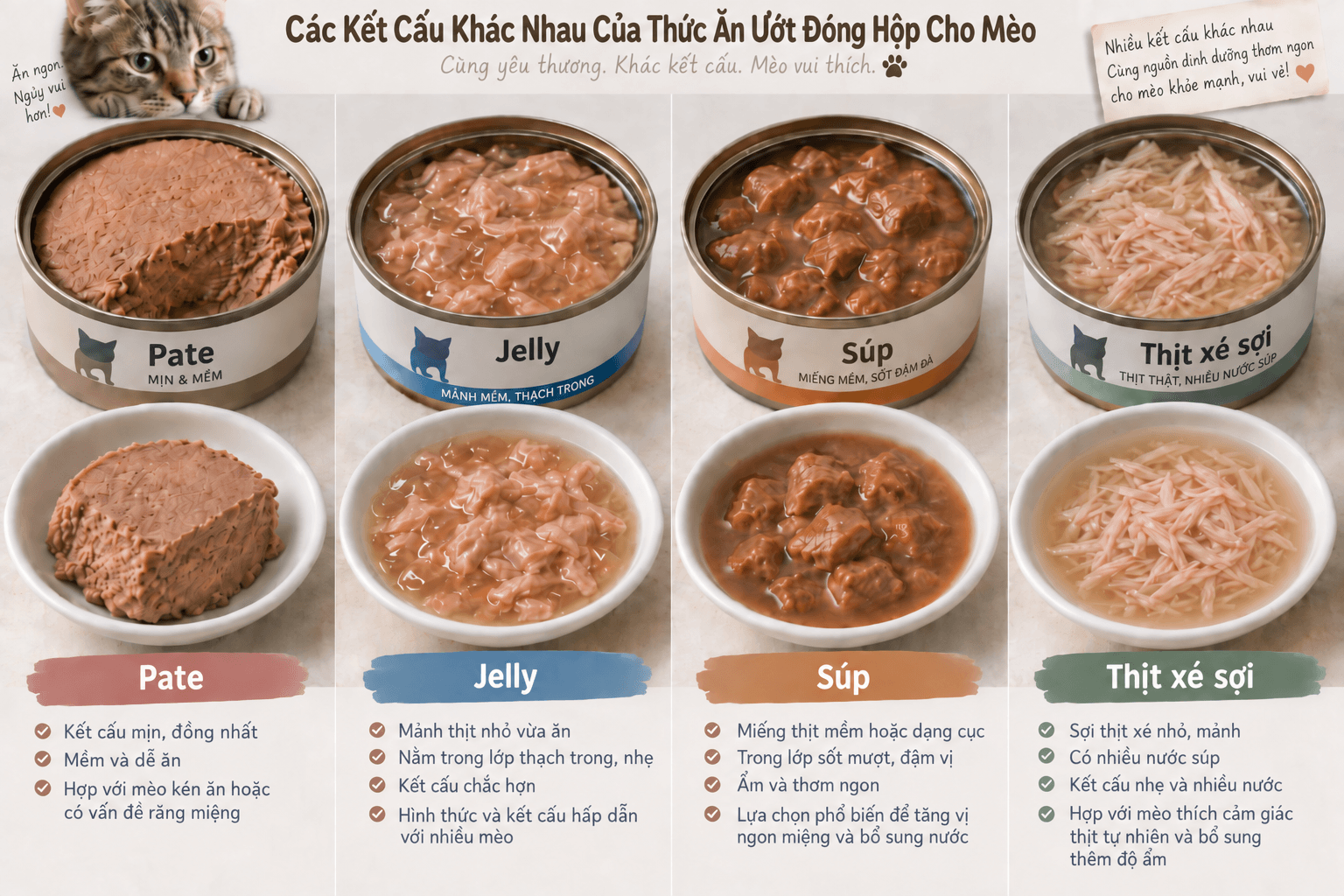 Các kết cấu pate lon cho mèo gồm pate mịn, dạng thạch, sốt và thịt xé