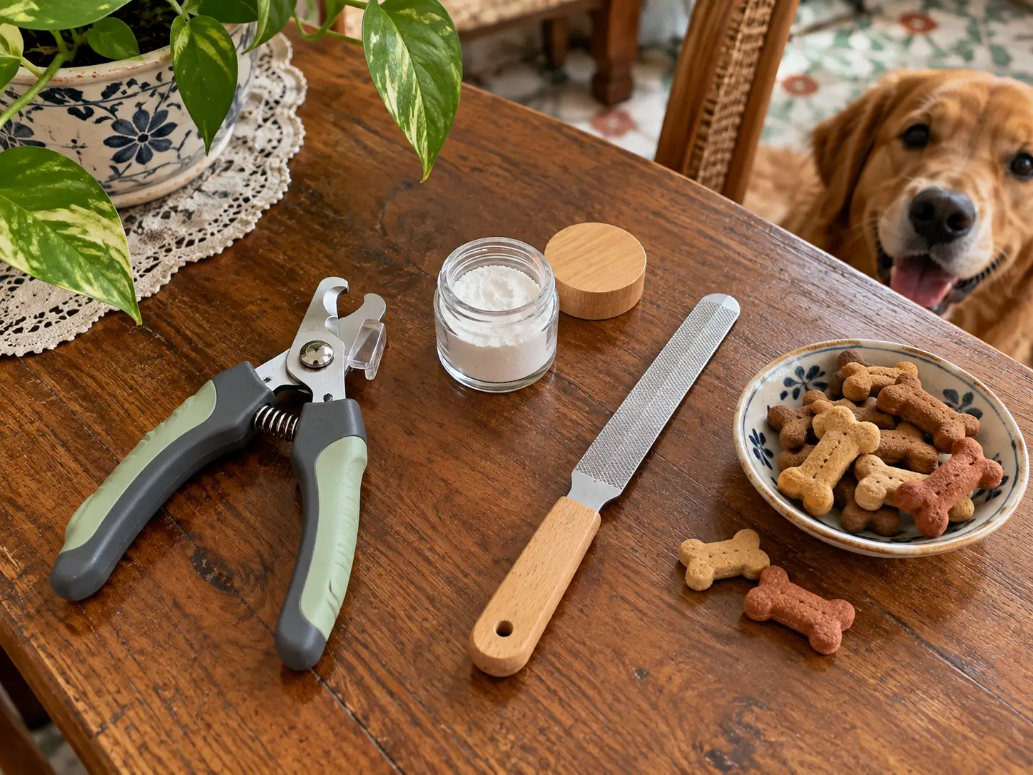Chuẩn bị đầy đủ kìm cắt, bột cầm máu, dũa móng và bánh thưởng giúp quá trình cắt móng diễn ra suôn sẻ.