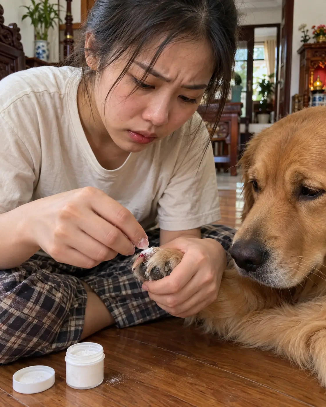 Dùng ngón tay ấn trực tiếp bột cầm máu vào đúng đầu vết cắt ở móng để cầm máu nhanh chóng cho cún.