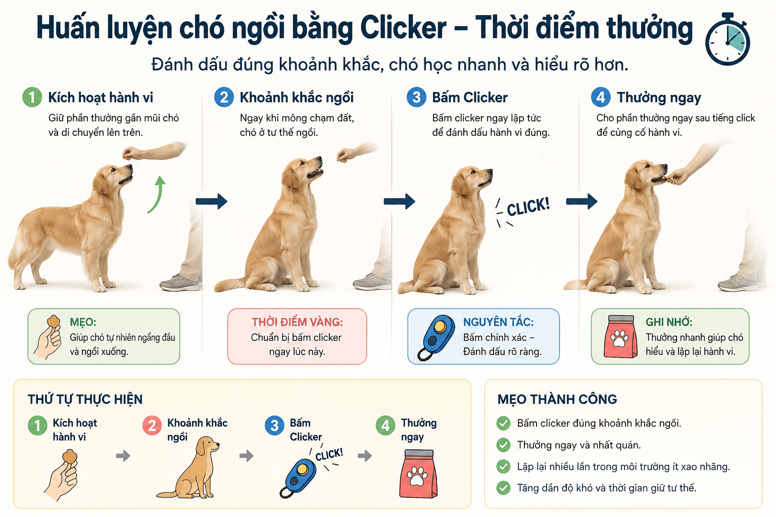 Đánh dấu đúng khoảnh khắc rồi thưởng ngay giúp chó liên hệ phần thưởng với hành vi vừa thực hiện.