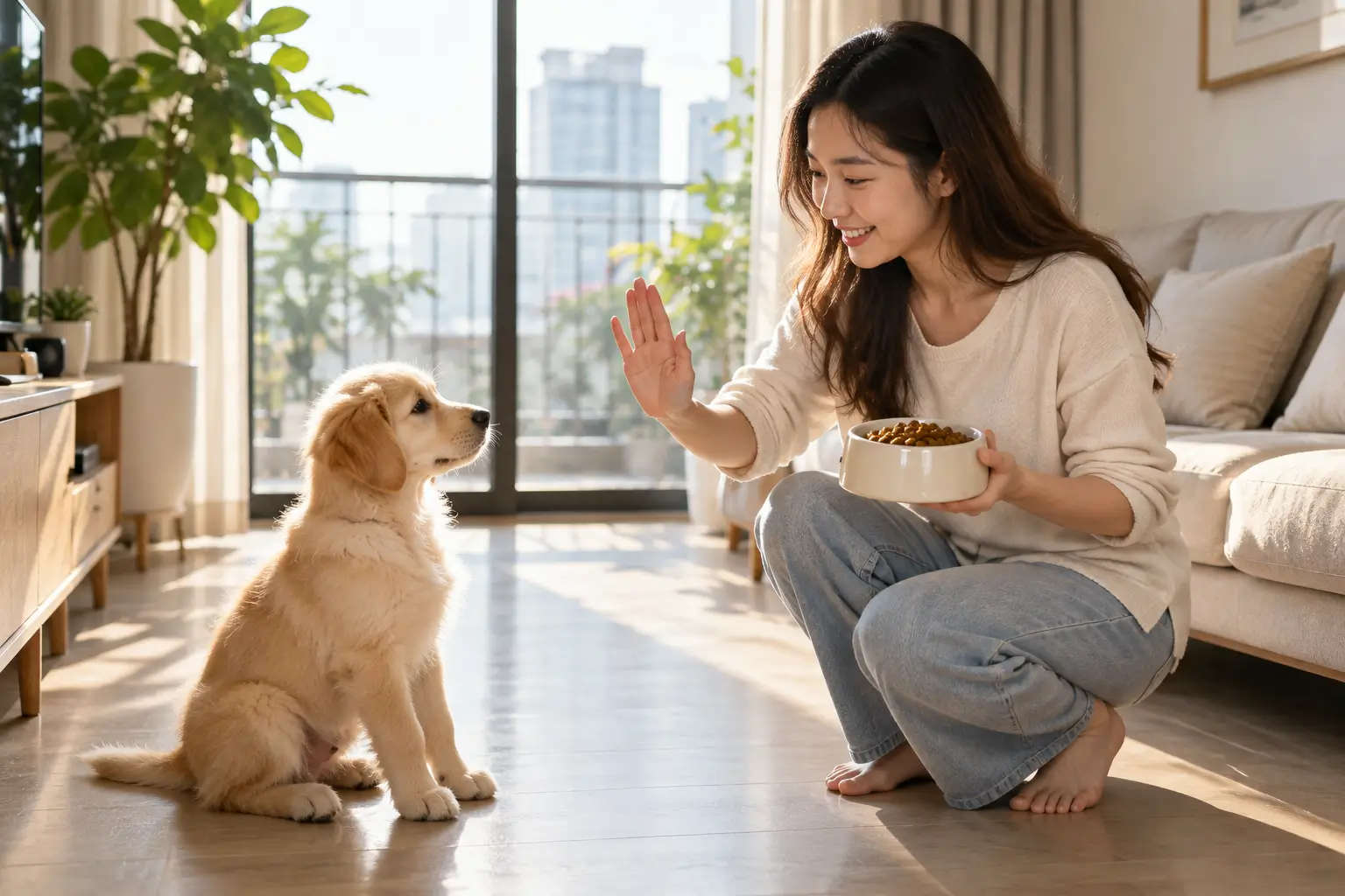 Luyện tập lệnh ngồi chờ trước bữa ăn giúp cún con kiểm soát sự bộc phát và bình tĩnh hơn.