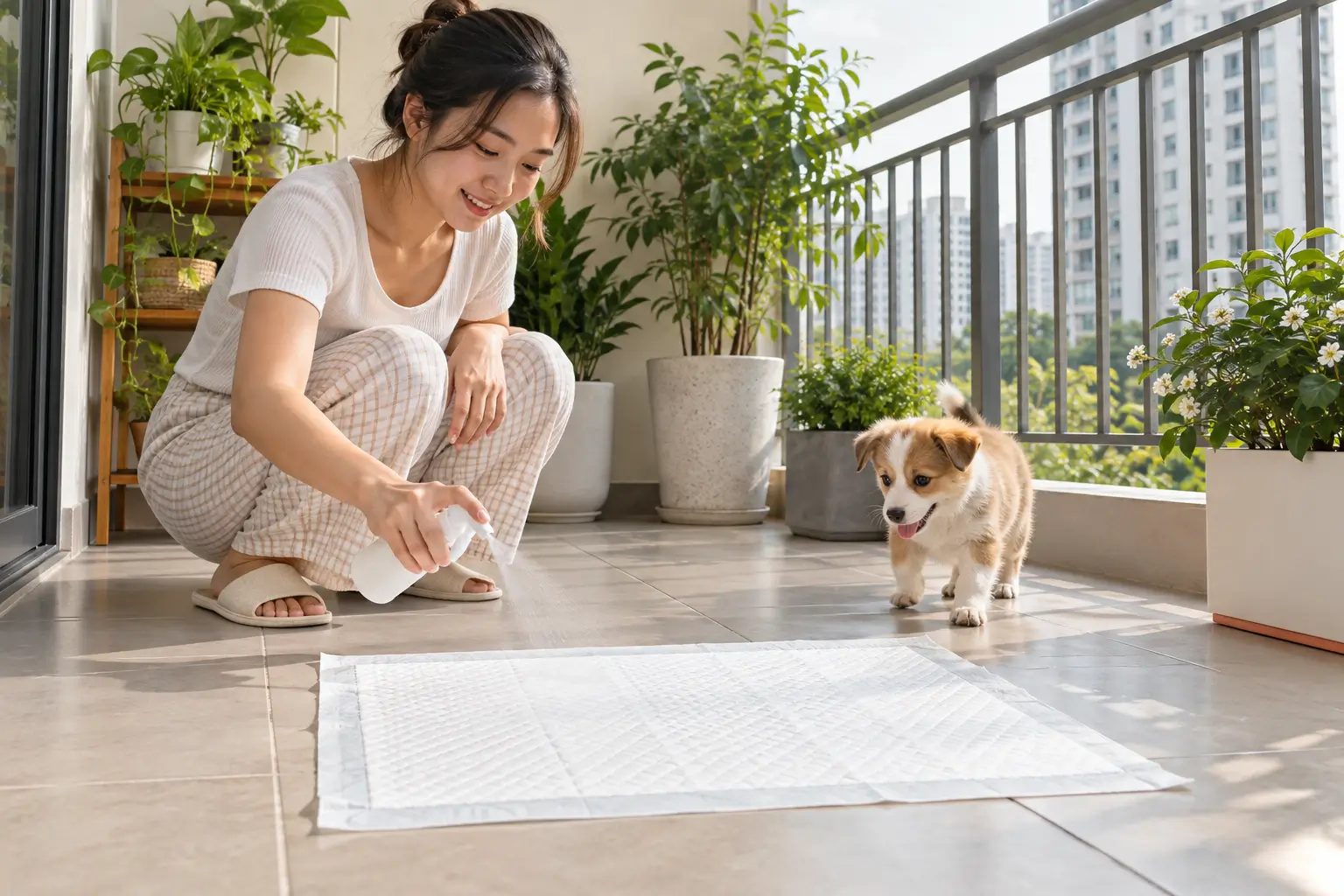 Đặt tấm lót cố định kết hợp chai xịt hỗ trợ giúp chó con dễ dàng nhận biết khu vực đi vệ sinh.