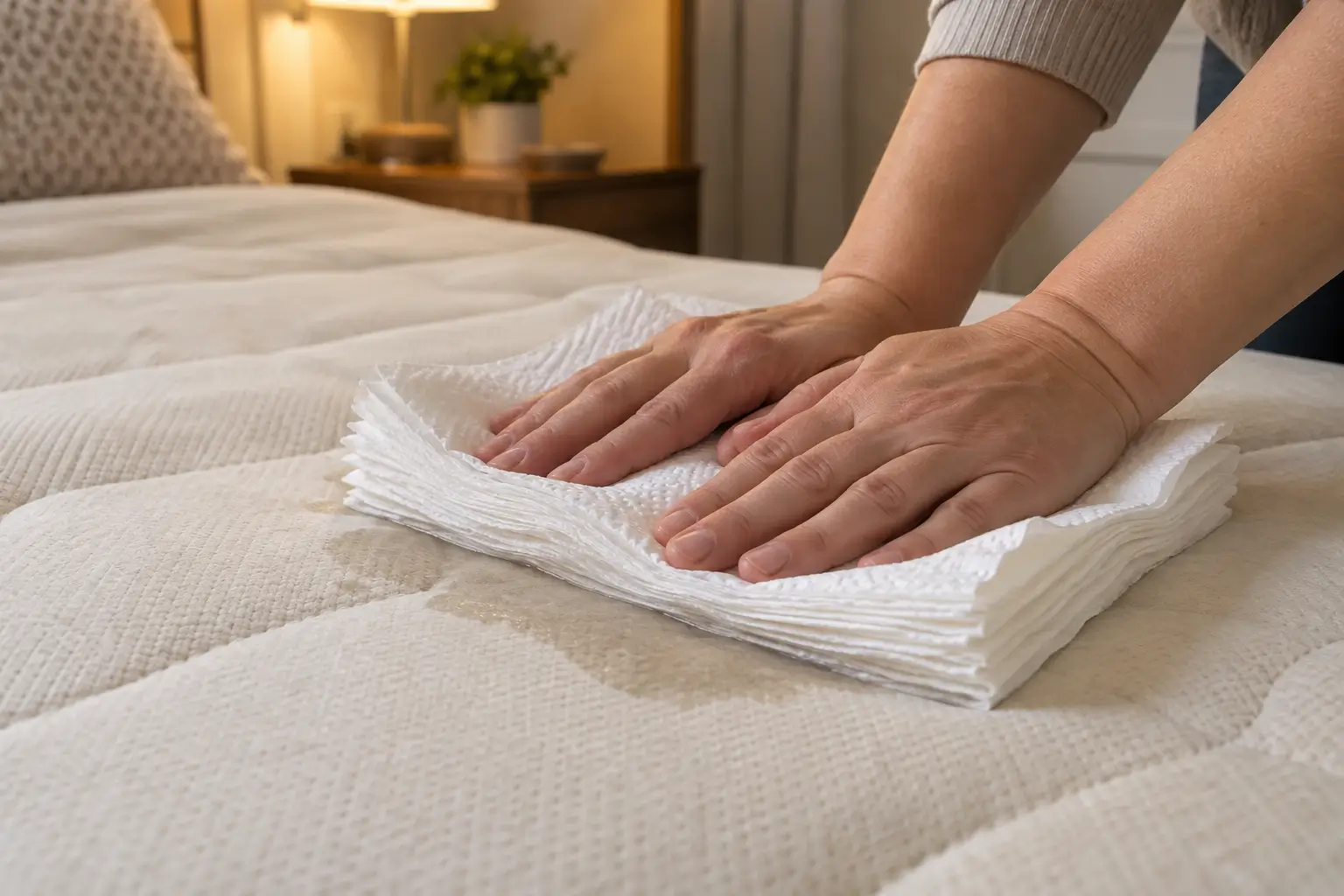 Dùng khăn giấy thấm hút nước tiểu chó trên nệm