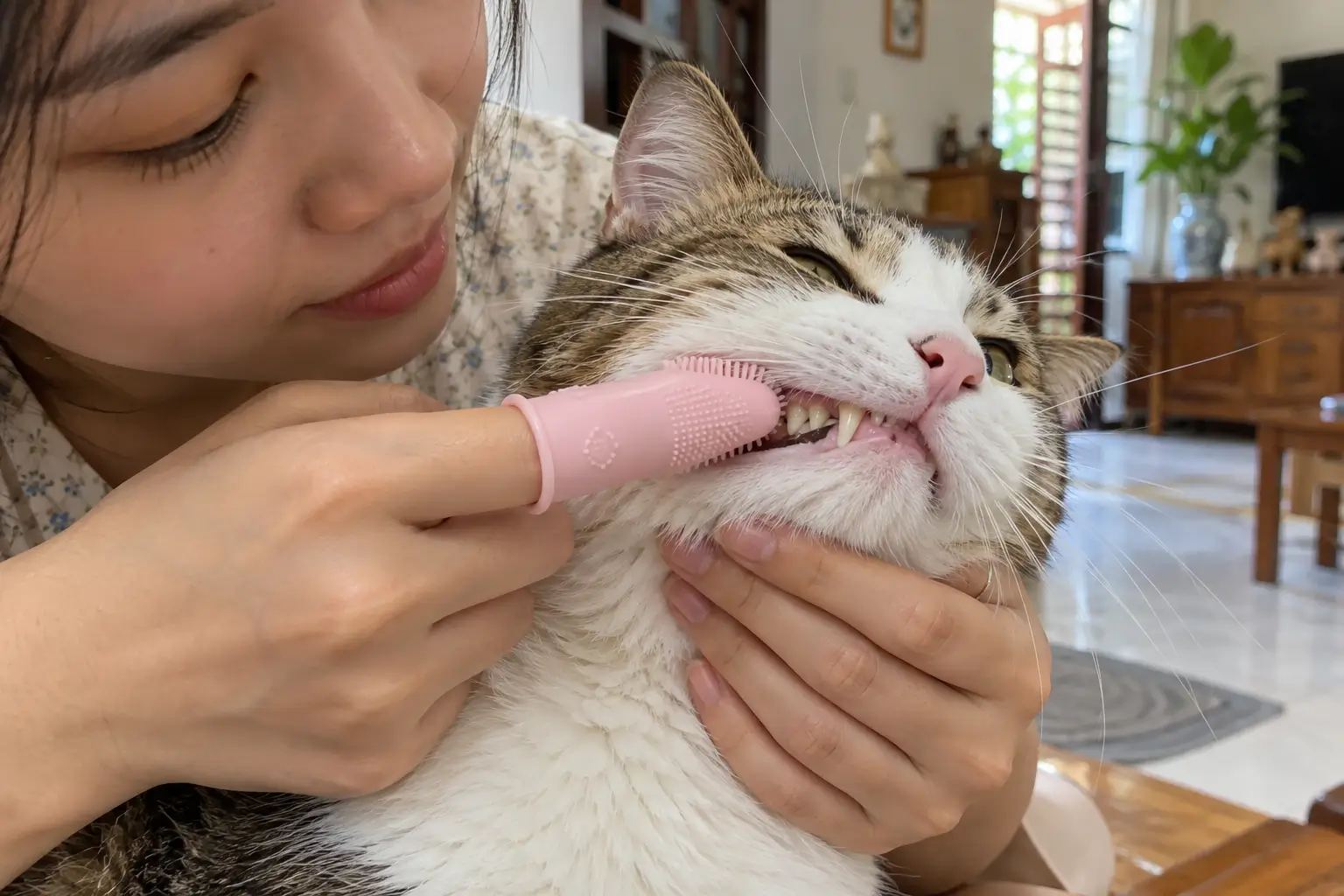 Nhẹ nhàng đỡ cằm và chải tròn theo bề mặt ngoài của răng giúp loại bỏ mảng bám thức ăn hiệu quả mà không làm mèo hoảng sợ.