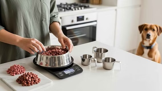 Người nuôi cân và chia tổng lượng thức ăn của chó trong một ngày.