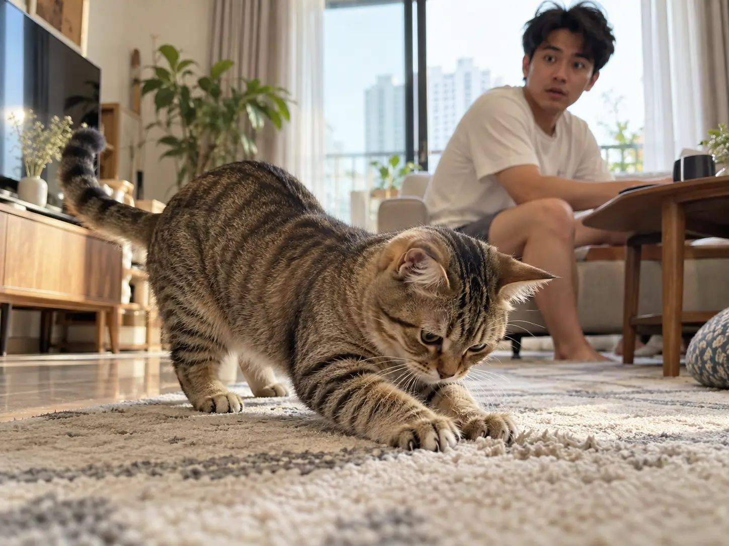 Cào xới thảm hoặc xoay tròn tại chỗ là một trong những tín hiệu đặc trưng cho thấy mèo đang tìm nơi đi vệ sinh.