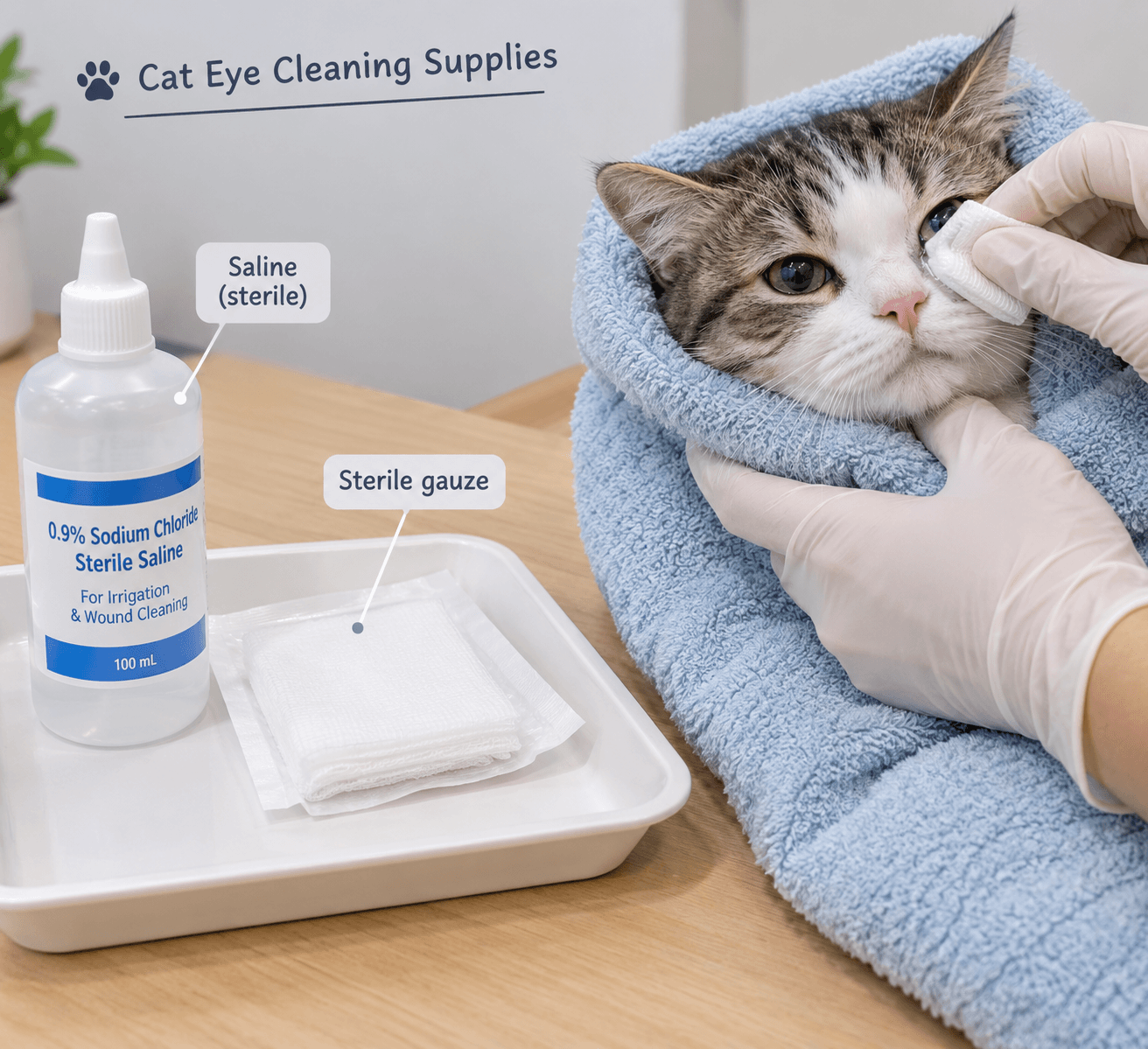 Mèo được quấn nhẹ bằng khăn khi vệ sinh vùng mắt bằng gạc mềm.