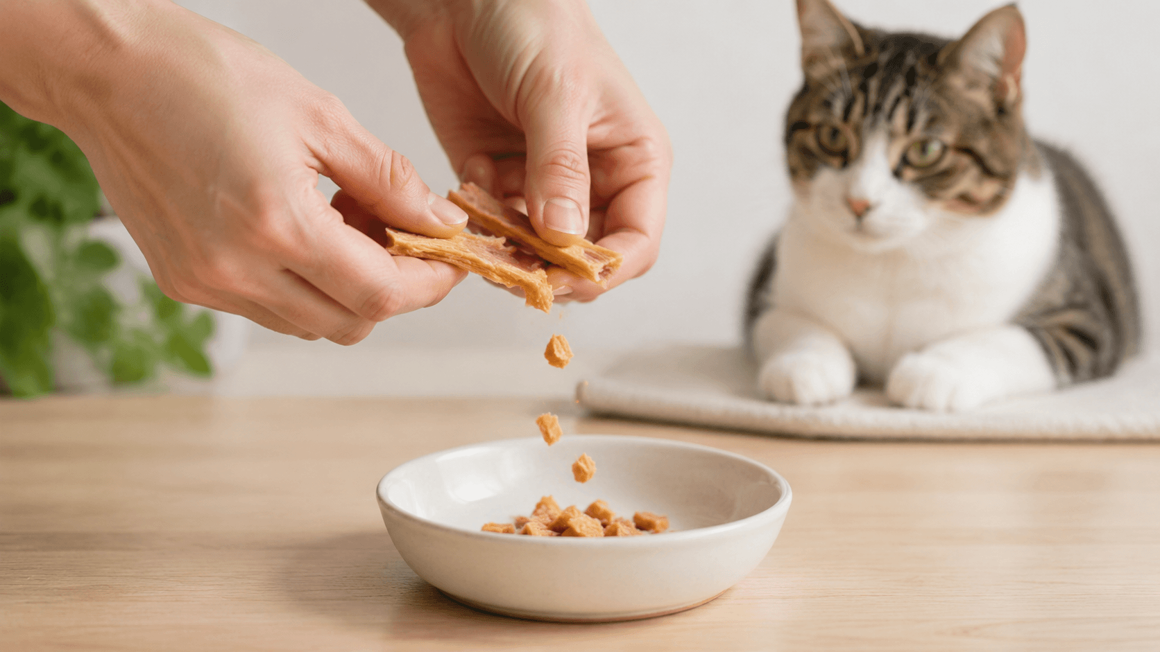 Gà sấy được bẻ thành các miếng nhỏ trước khi thưởng cho mèo.
