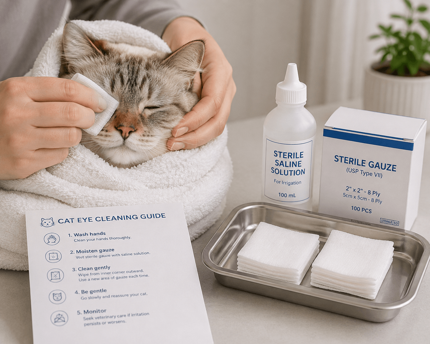 Gạc sạch và nước muối sinh lý được chuẩn bị để vệ sinh vùng mắt mèo.