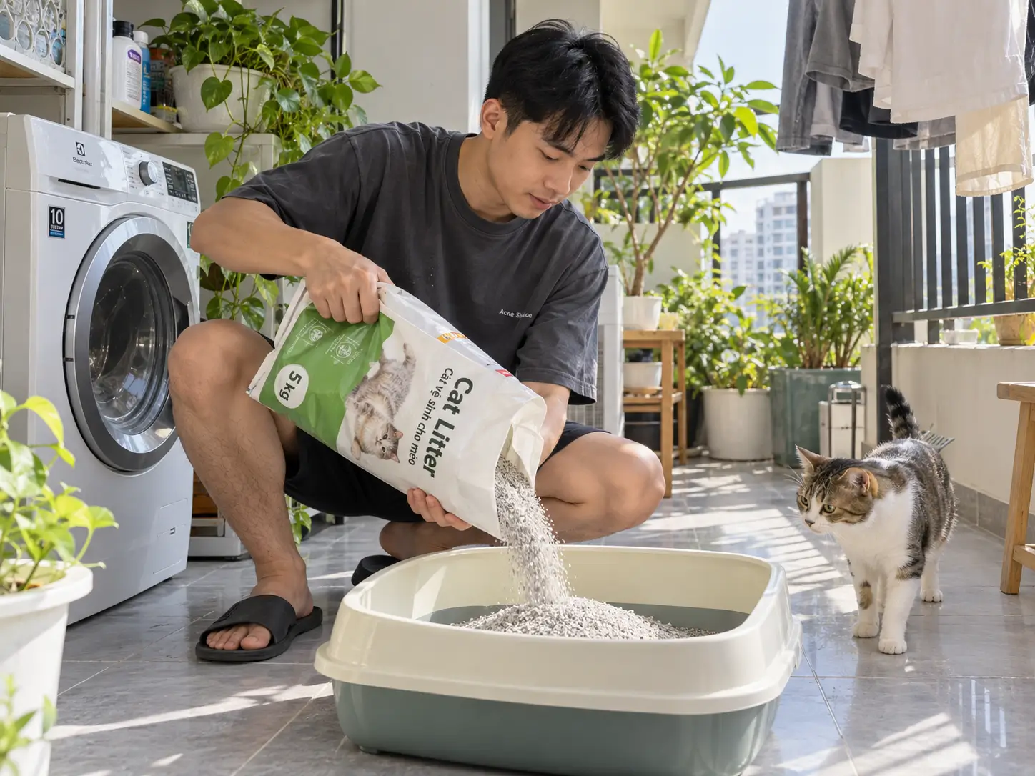 Thay cát mới là việc đổ bổ cát cũ để giữ vệ sinh định kỳ, khác hoàn toàn với việc đổi sang một chất liệu cát hoàn toàn mới.