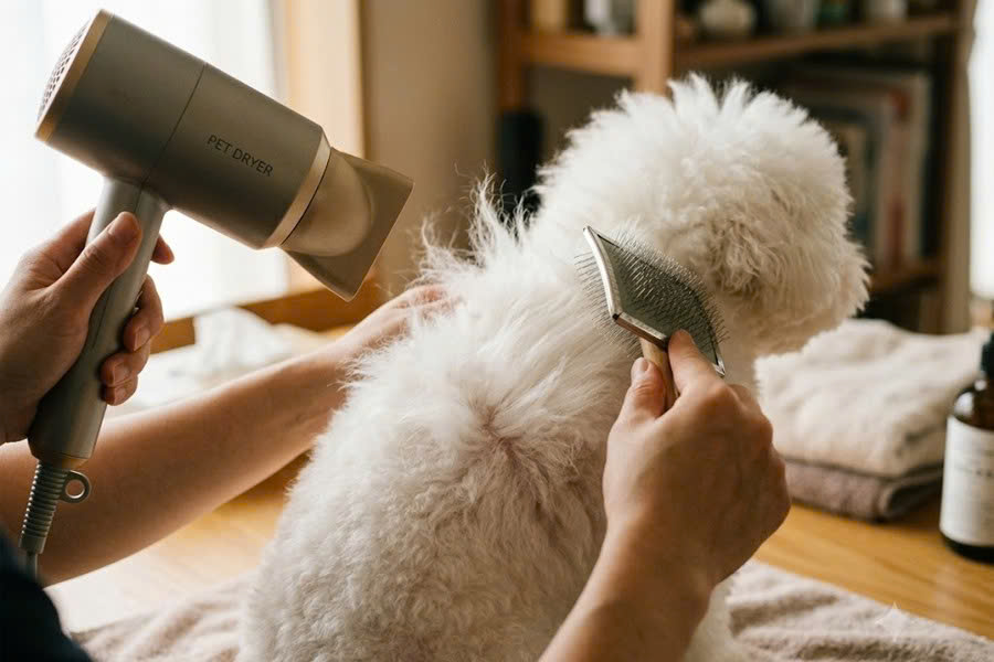 Dù dùng sữa tắm tạo phồng, thao tác sấy khô hoàn toàn kết hợp chải ngược chiều lông mới là bước quyết định để đạt được độ tơi đứng tối đa.