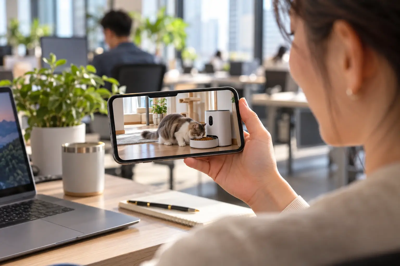 Máy cho ăn tự động tích hợp camera giúp bạn quan sát và tương tác với mèo cưng mọi lúc mọi nơi.