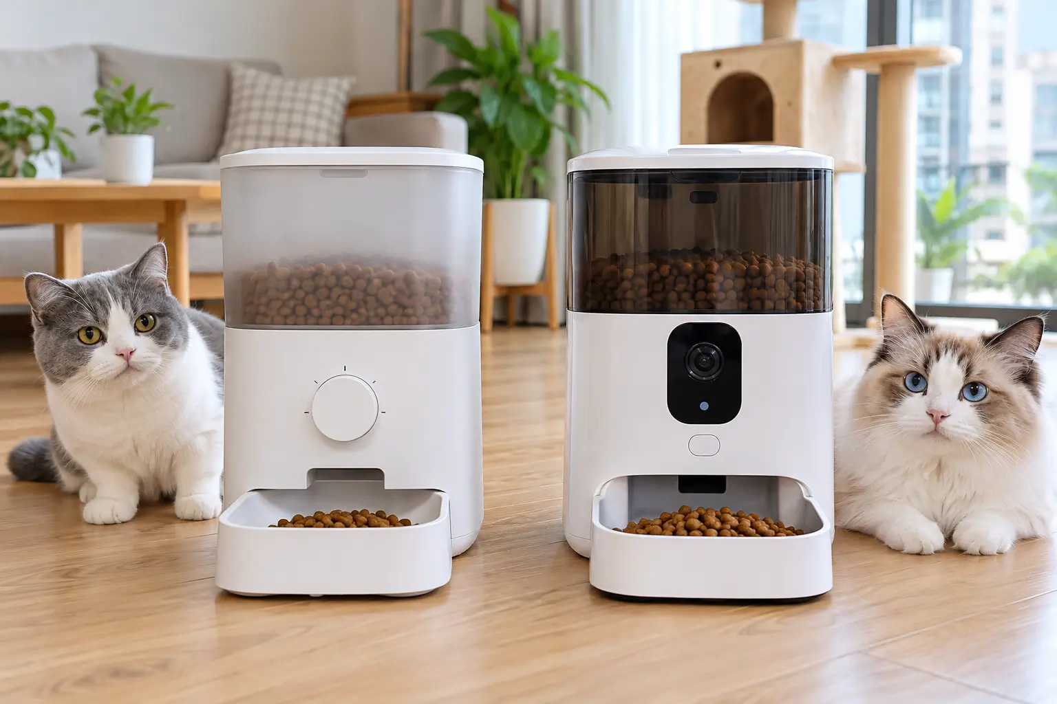 Sự khác biệt về thiết kế giữa máy cho mèo ăn tự động loại thường và dòng tích hợp camera.