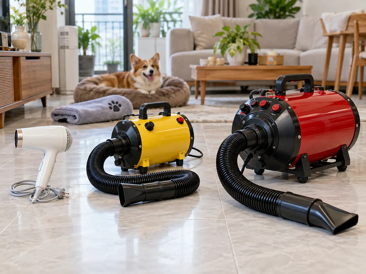 Ba dòng máy sấy lông chó mèo phổ biến trên thị trường với công suất và lực gió khác nhau.