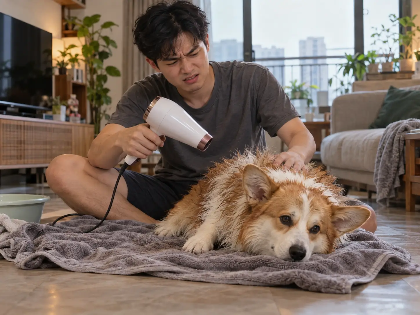 Dùng máy sấy tóc gia đình khiến thời gian sấy kéo dài, dễ làm xơ lông và gây bỏng rát da thú cưng nếu bật nhiệt độ cao.