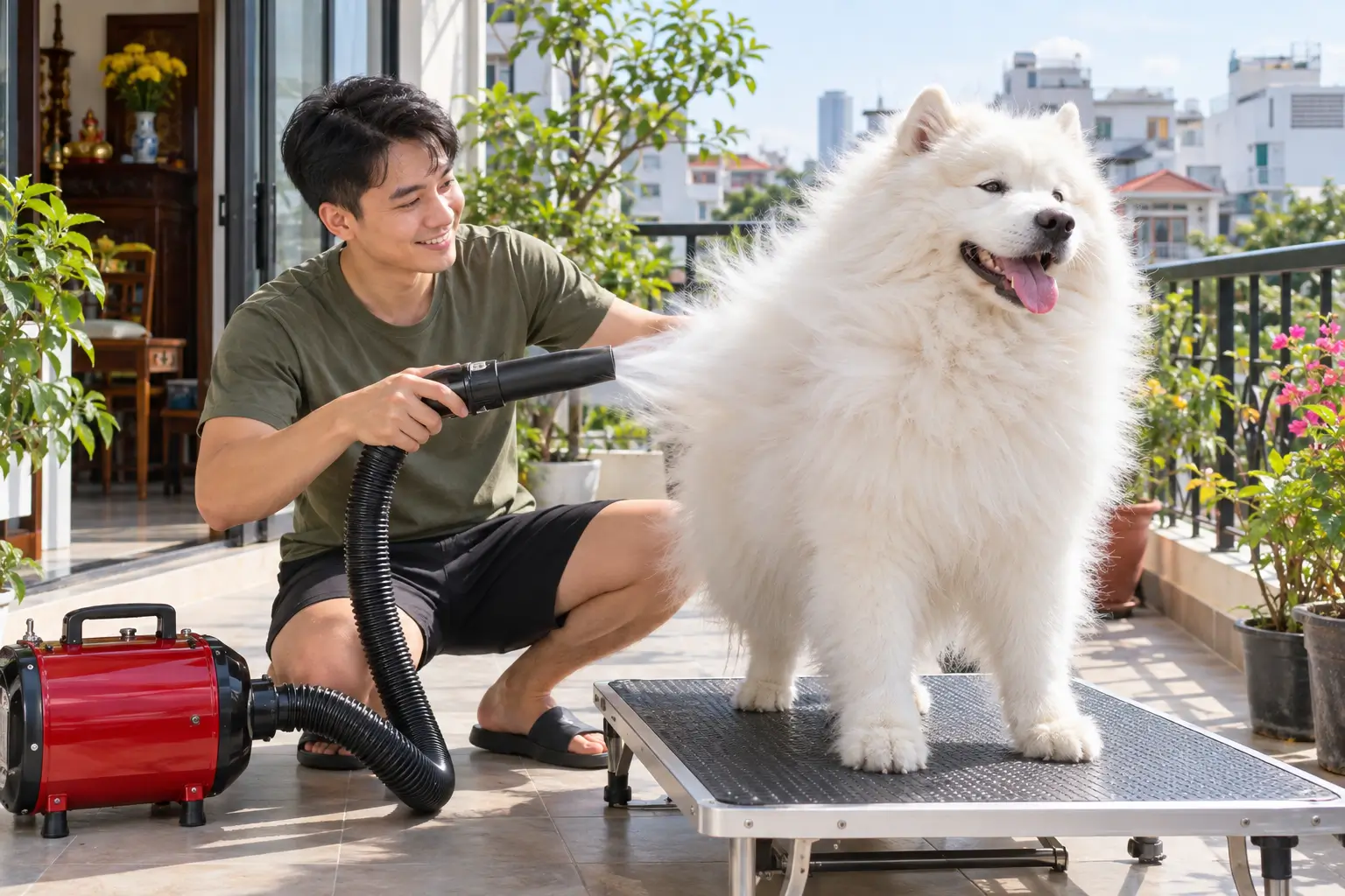 Máy sấy 2 mô tơ công suất lớn là lựa chọn tối ưu giúp thổi bay nước trên bộ lông kép dày mịn của các giống chó lớn.