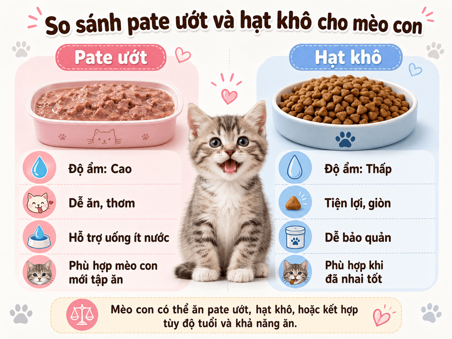 So sánh hạt và pate cho mèo con