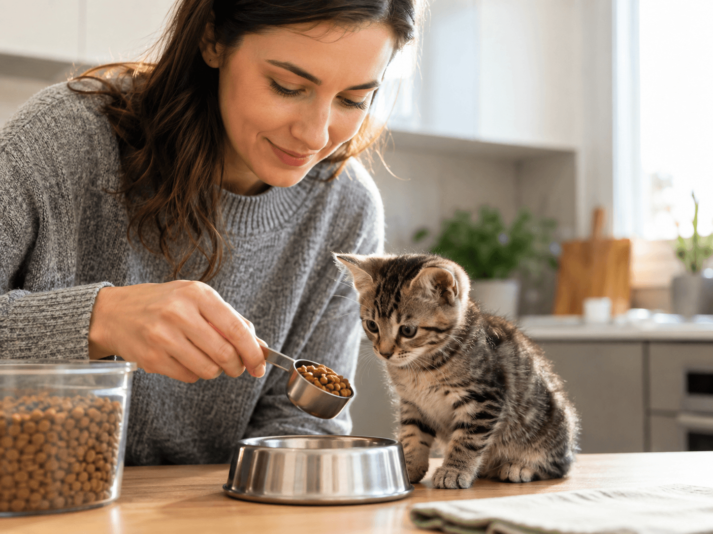 Đo khẩu phần thức ăn và theo dõi cân nặng của mèo con.