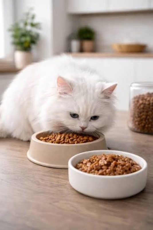 Một phần pate mới nhỏ được đặt cạnh thức ăn mèo đã quen.